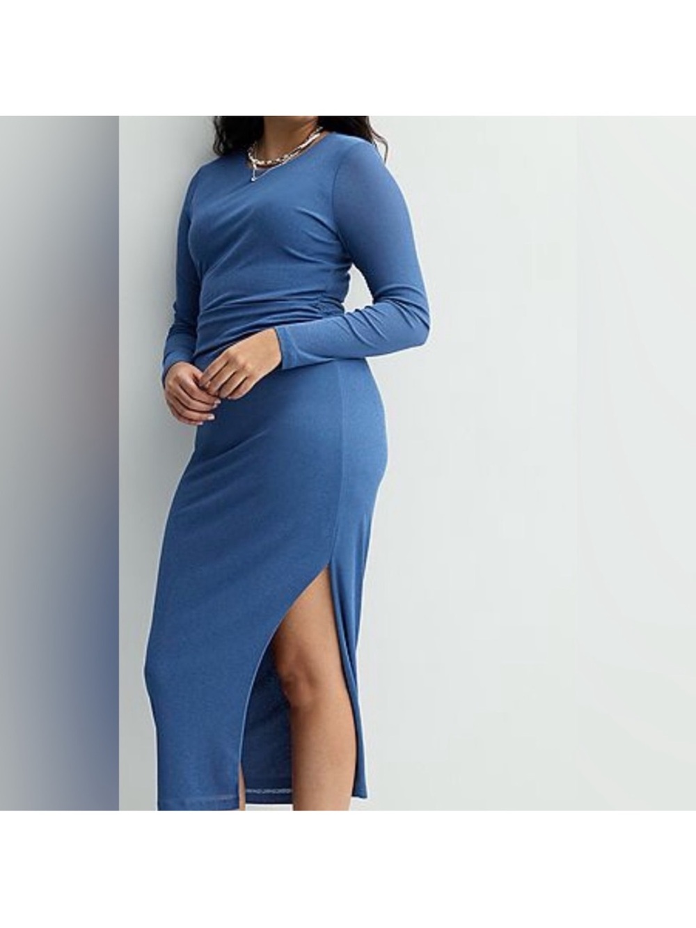 INTEMPO Blue Long-Sleeve Ruched Maxi Dress with Leg Slit